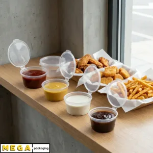 Hinged Pot 2oz x1000 clear plastic round sauce container transparent hinged lid 1000 pack bulk wholesale catering restaurant food service