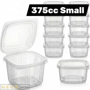 Hinged Plastic Container 375cc clear transparent food container ribbed design secure closure