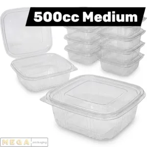 Hinged Plastic Container 500cc clear transparent food container stackable design secure closure