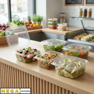Hinged Plastic Container 500cc clear transparent food container stackable design secure closure