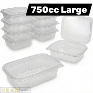 Hinged Plastic Container 750cc clear transparent food container ribbed sidewalls secure closure
