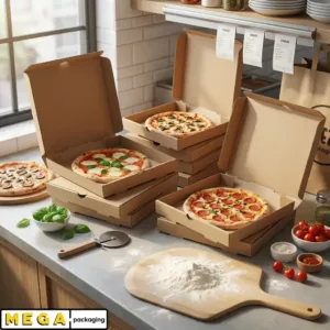 Plain Pizza Box - 7" x100 corrugated cardboard B-flute brown Kraft white ventilation holes locking tabs flat-pack pizzeria restaurant takeaway UK