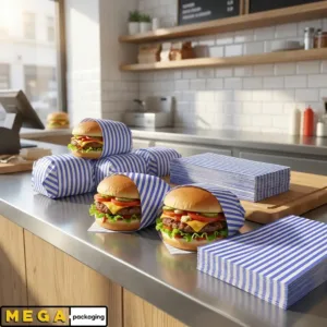 Burger Wrap Blue 2kg blue gingham checkered greaseproof paper 250mm x 320mm 1000 sheets food wrap basket liner fast food UK