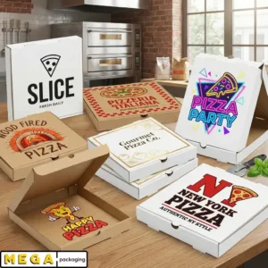 Custom Printed Pizza Boxes corrugated cardboard E-flute logo branding full-color printing flexographic digital pizzeria restaurant takeaway delivery UK