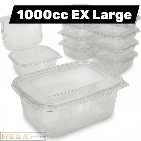 Hinged Plastic Container 1000cc clear transparent food container ridged bottom domed lid secure closure