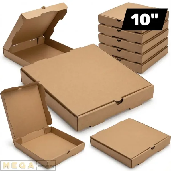 Plain Pizza Box - 10" x100 corrugated cardboard E-flute brown Kraft white ventilation holes locking tabs flat-pack pizzeria restaurant takeaway UK