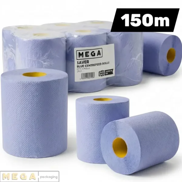 Blue Roll -150M x6 centrefeed industrial paper towel blue embossed absorbent cleaning wiping 6 rolls