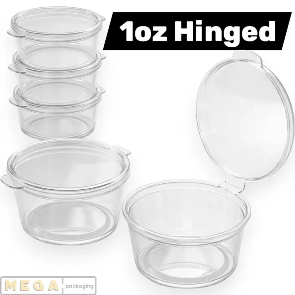 Hinged Pot 1oz x1000 clear plastic round sauce container transparent hinged lid 1000 pack bulk wholesale catering restaurant food service