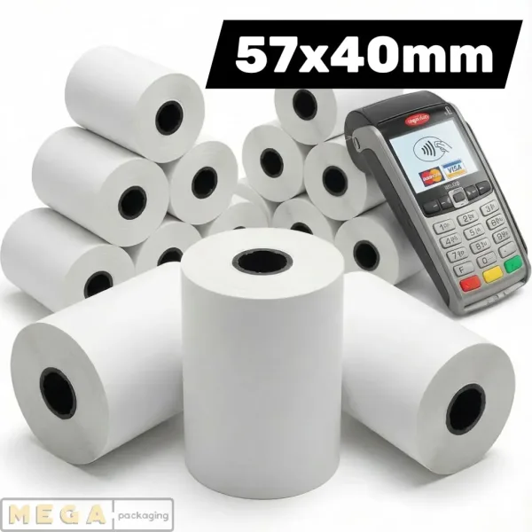 Thermal Till Roll Small x50 57x40mm BPA-free thermal paper 55-58 GSM 11-12m length 12.7mm core white receipt rolls UK