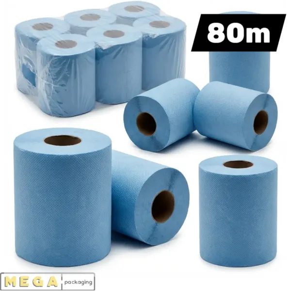 Blue Roll 80M x6 centrefeed industrial paper towel blue absorbent cleaning wiping 6 rolls compact