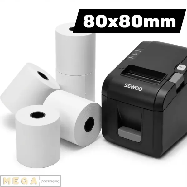 Thermal Till Roll Large x20 80x80mm BPA-free thermal paper 55-58 GSM 70-80m length 12.7mm core white receipt rolls UK