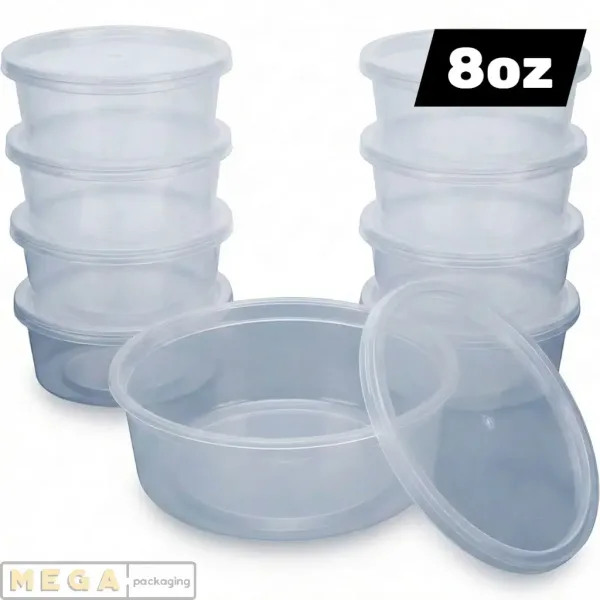 Round 8oz x250 clear plastic container heavy duty transparent food storage deli pot with lids 250 pack