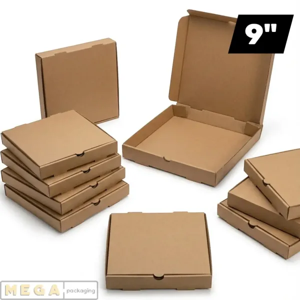 Plain Pizza Box - 9" x100 corrugated cardboard E-flute brown Kraft white ventilation holes locking tabs flat-pack pizzeria restaurant takeaway UK