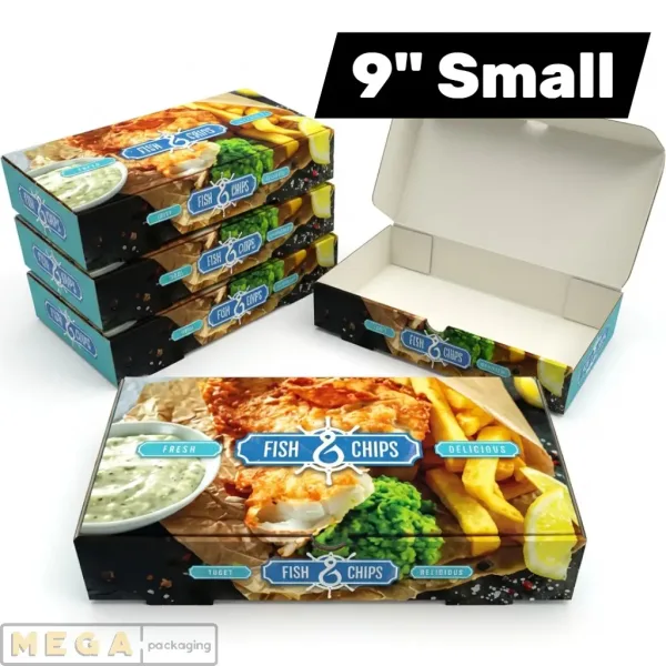 Fish & Chips Box 9 inch x100 printed hinged lid cardboard takeaway container 230mm x 150mm x 60mm grease-resistant food-grade UK