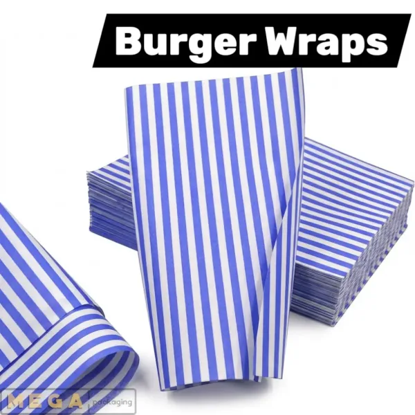 Burger Wrap Blue 2kg blue gingham checkered greaseproof paper 250mm x 320mm 1000 sheets food wrap basket liner fast food UK