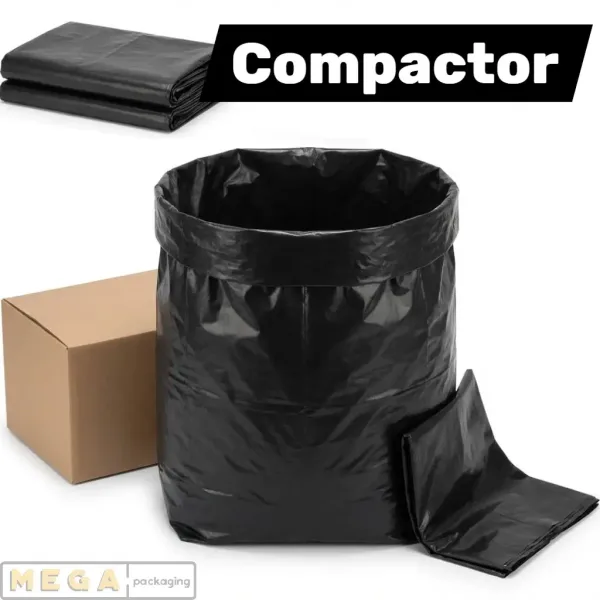 Heavy Duty Bin Bag Compactor x100 black compactor sacks 100 pack 22.5x34x47 inches 140-160 litres 40-50 microns 160-200 gauge LDPE commercial waste compactor UK