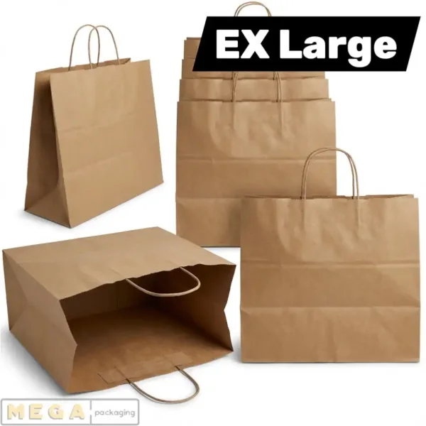 Paper Bag - EX Large x100 kraft paper twisted handles brown recyclable biodegradable retail takeaway packaging