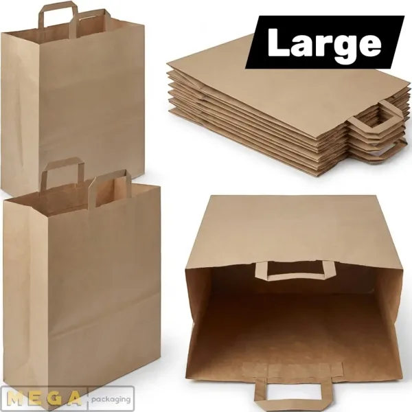 Paper Bag - Large x250 kraft paper flat handles brown recyclable biodegradable retail takeaway packaging