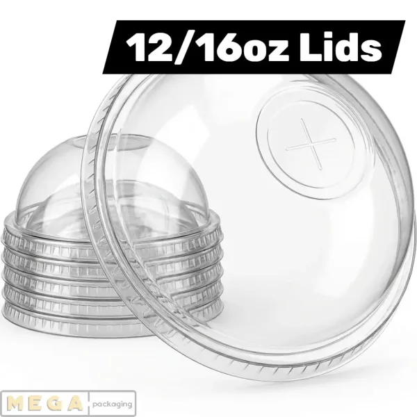 Plastic Dome Lid 12/16oz x1000 clear disposable PET dome lid 98mm universal fit crescent sip hole breather hole 1000 pack bulk wholesale cafe smoothie iced coffee lid UK
